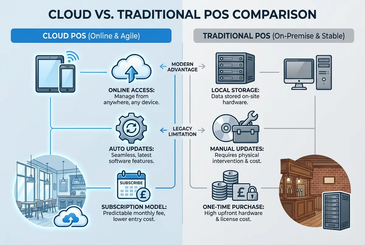 Cloud-based restaurant POS vs traditional on-premise POS systems comparison diagram