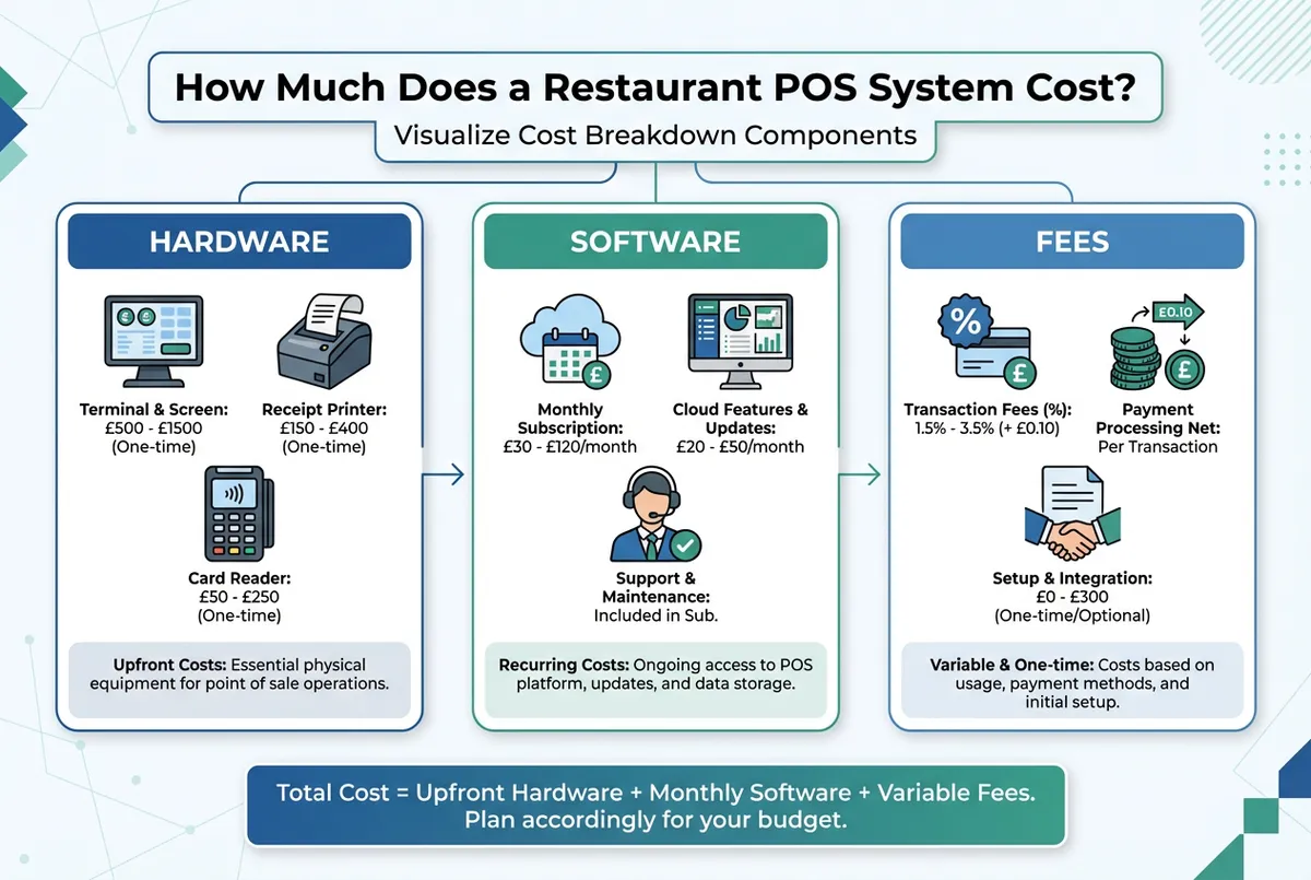 Restaurant POS system cost breakdown diagram showing hardware, software and fees