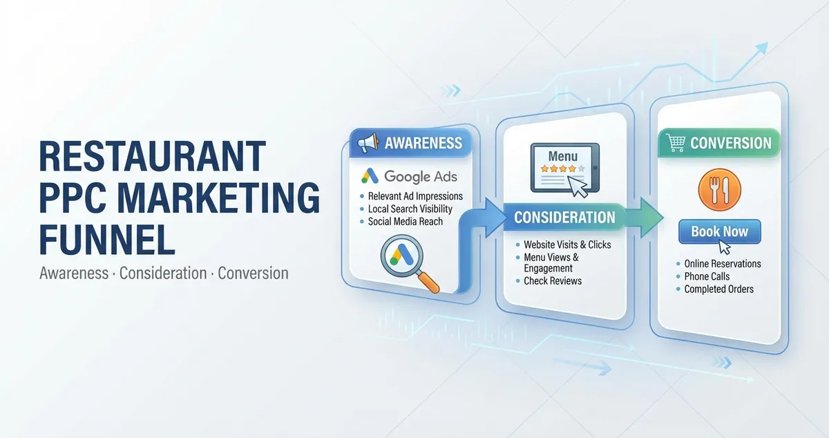 Diagram showing PPC search journey from keyword to click to booking