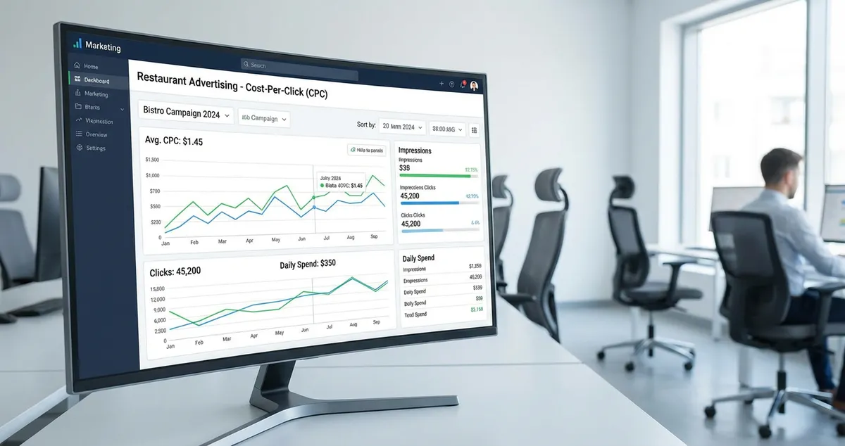 Restaurant PPC campaign management dashboard showing click and conversion metrics