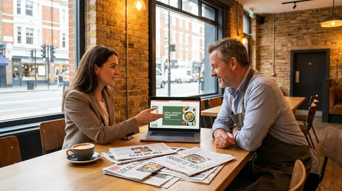 Restaurant PR agency team discussing media coverage and journalist relationships