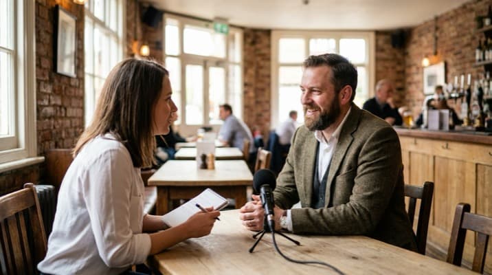 Restaurant owner being interviewed by a journalist at a UK gastropub