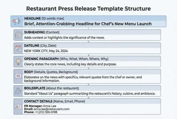 Diagram showing the 7 essential components of a restaurant press release from headline to contact details