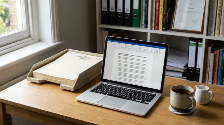 UK restaurant owner writing a press release at a desk with laptop and coffee