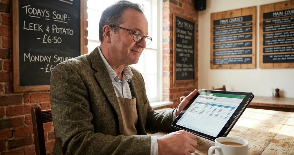 UK restaurant owner analysing menu pricing strategy on a tablet