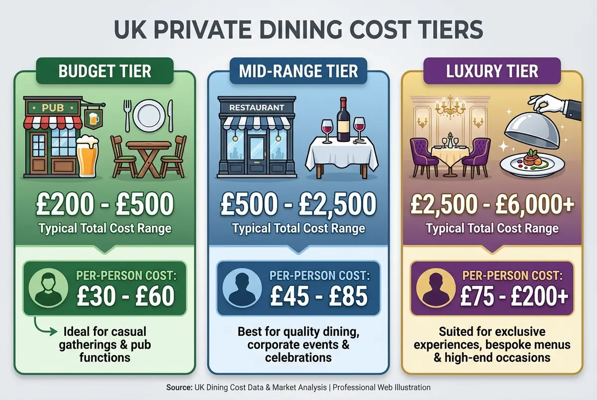 Private dining cost breakdown showing budget, mid-range, and luxury tiers