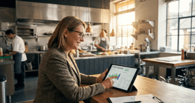 UK restaurant owner reviewing profit margin figures on a tablet in a busy kitchen