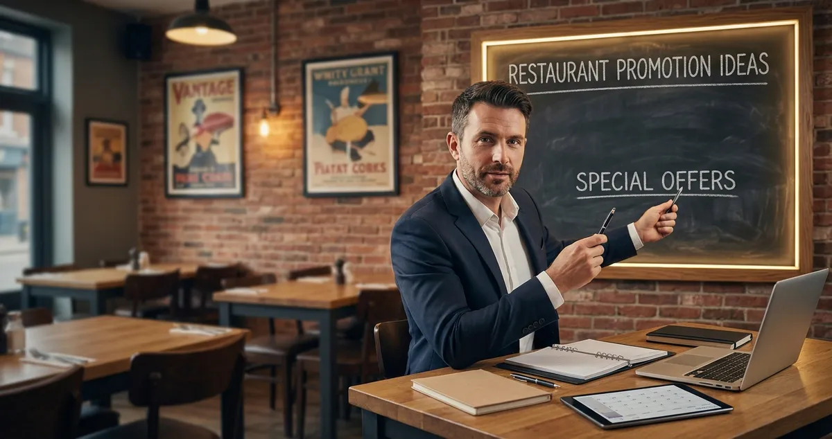 Restaurant owner reviewing restaurant promotion ideas on tablet with team