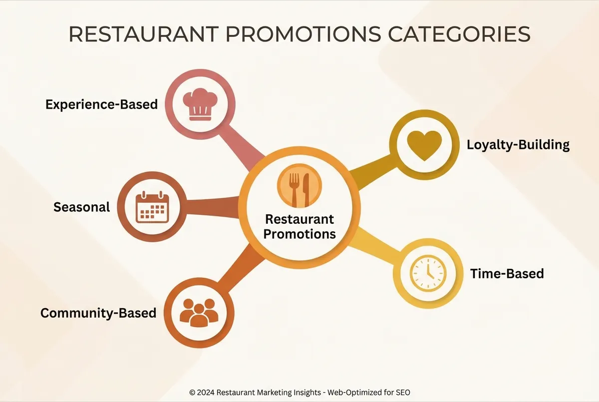 Restaurant promotion ideas categories diagram showing five key promotion types for UK venues