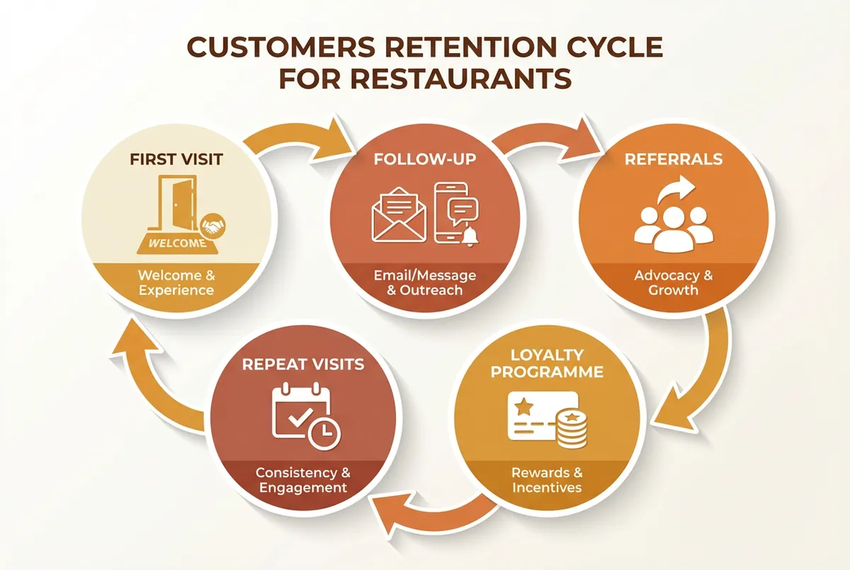 Diagram showing the customer retention cycle: first visit, follow-up, loyalty programme, repeat visits, referrals
