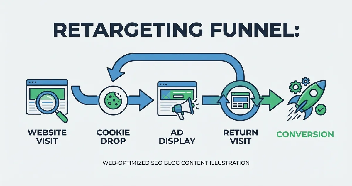 Diagram showing customer journey from website visit to retargeting to booking