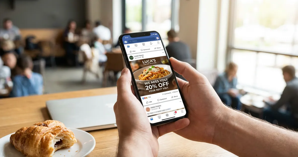 Restaurant retargeting ad campaign dashboard showing returning customer metrics