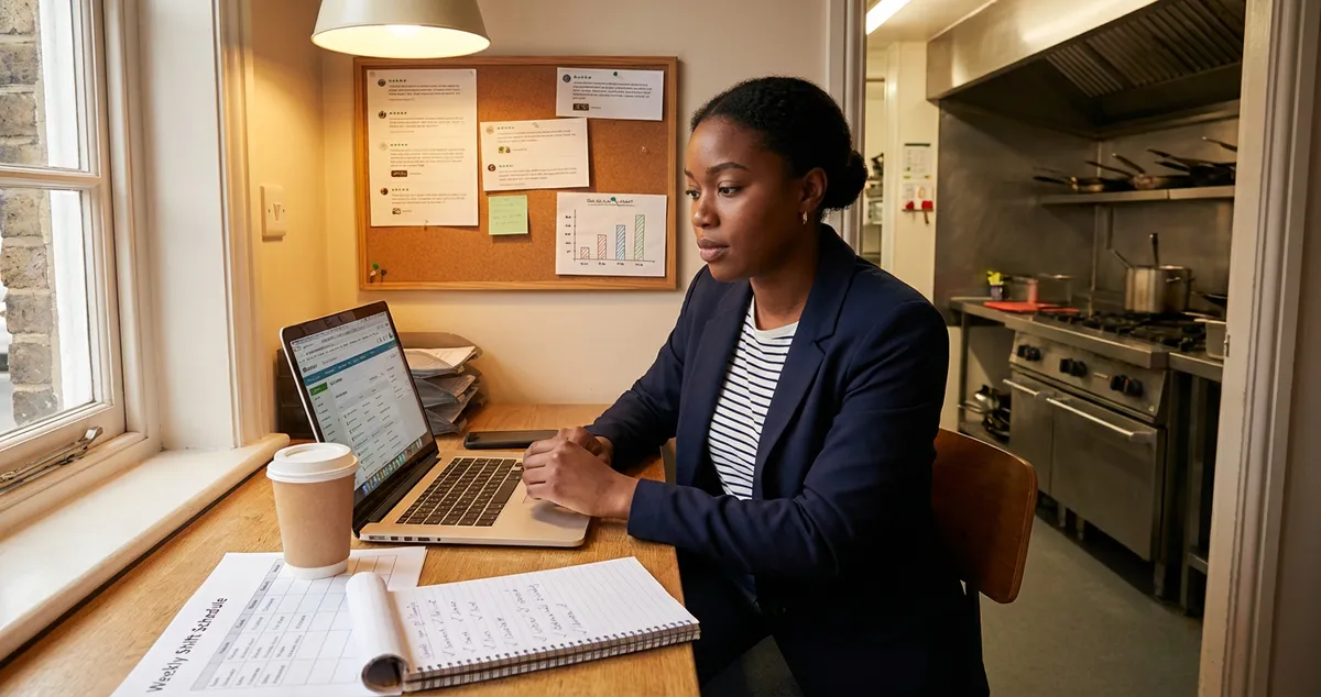 Restaurant owner checking online reviews on tablet in busy kitchen
