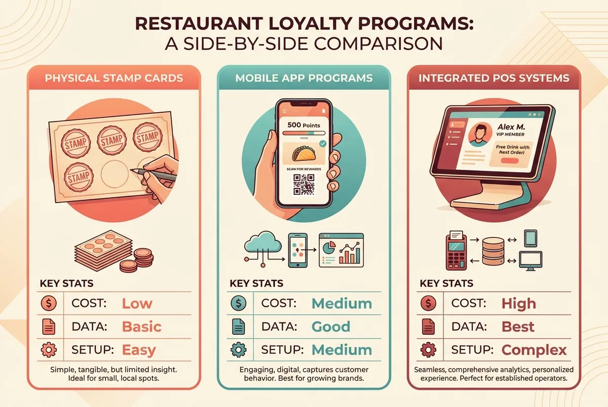 Diagram comparing stamp cards, digital apps, and POS loyalty systems for UK restaurants