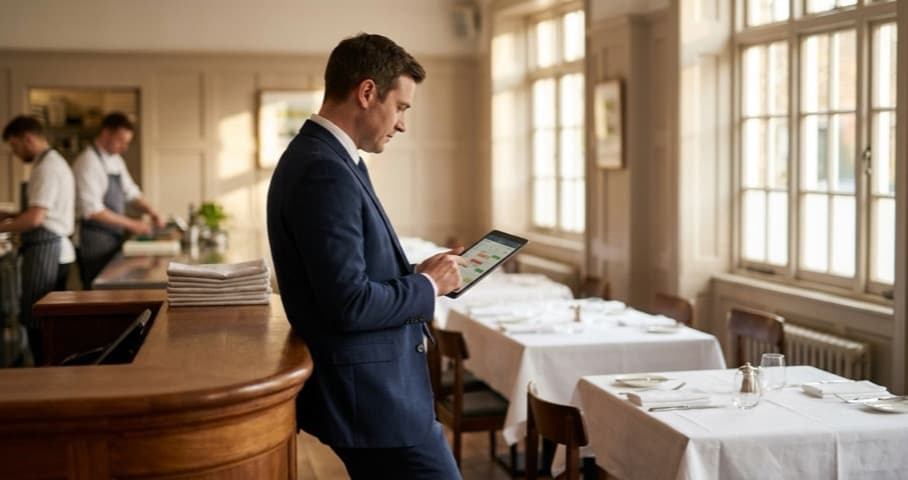 Restaurant manager reviewing staff scheduling software on a tablet in a UK restaurant