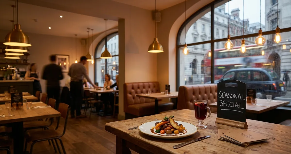 Elegant restaurant table set for Valentine's Day with seasonal decorations