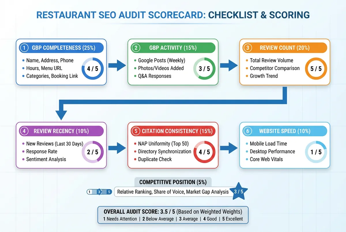 Restaurant SEO audit checklist showing GBP, Reviews, Citations, Website sections