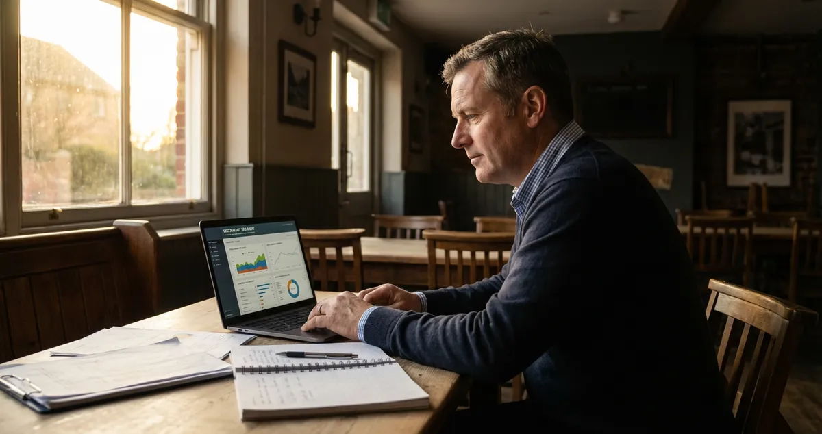 Restaurant owner conducting SEO audit on laptop