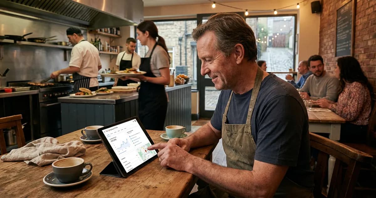 Restaurant owner checking restaurant SEO rankings on laptop in busy kitchen