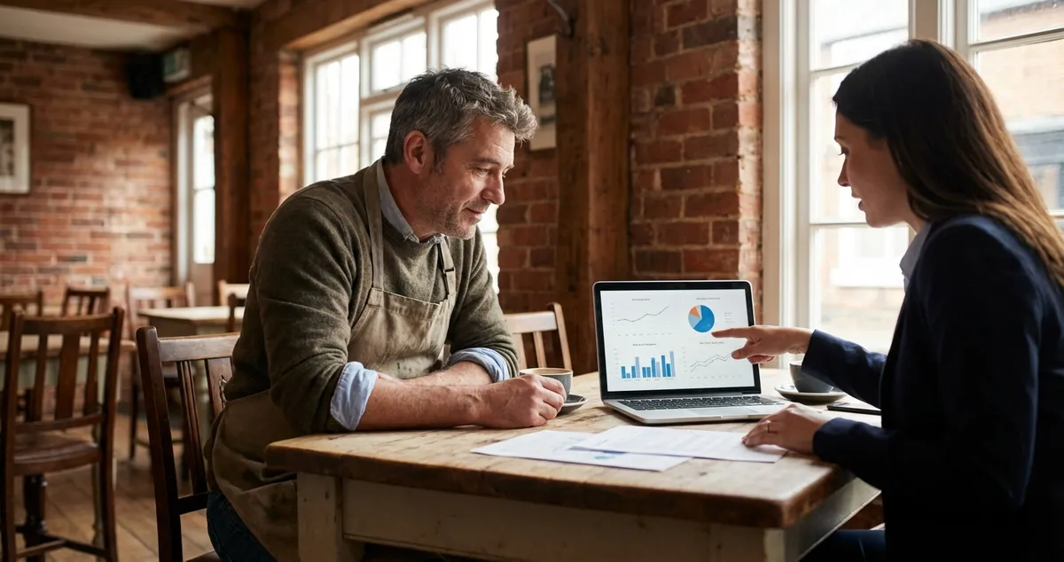 Restaurant owner researching SEO services on laptop