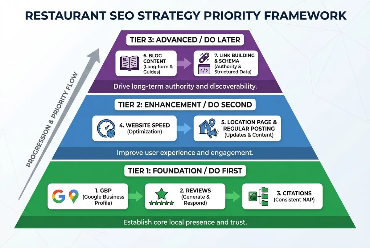 Restaurant SEO strategy priority framework with three tiers of activities