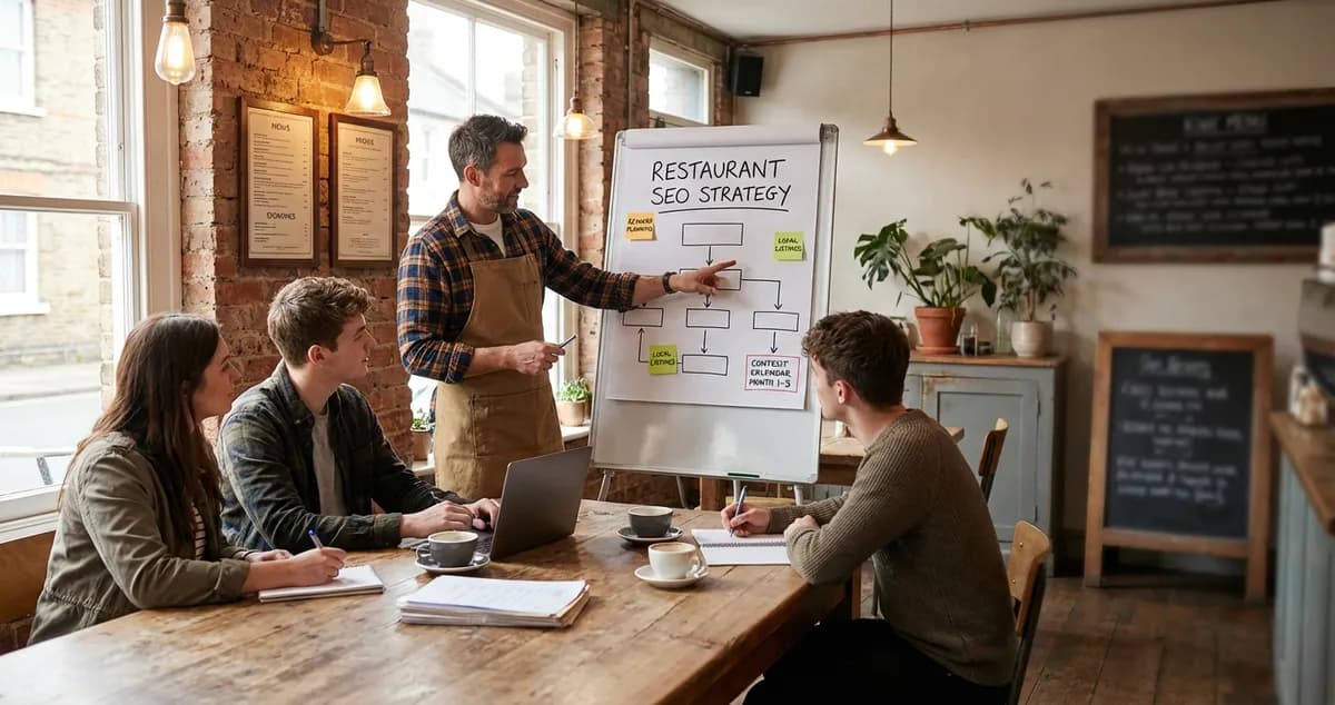Restaurant owner planning local search SEO strategy on whiteboard