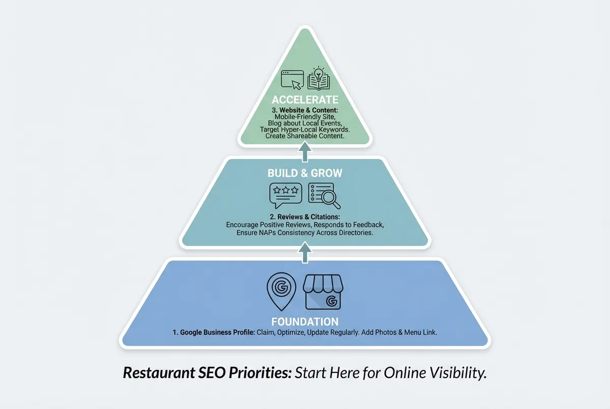 Diagram showing restaurant SEO priority areas: Google Business Profile, Reviews, Website