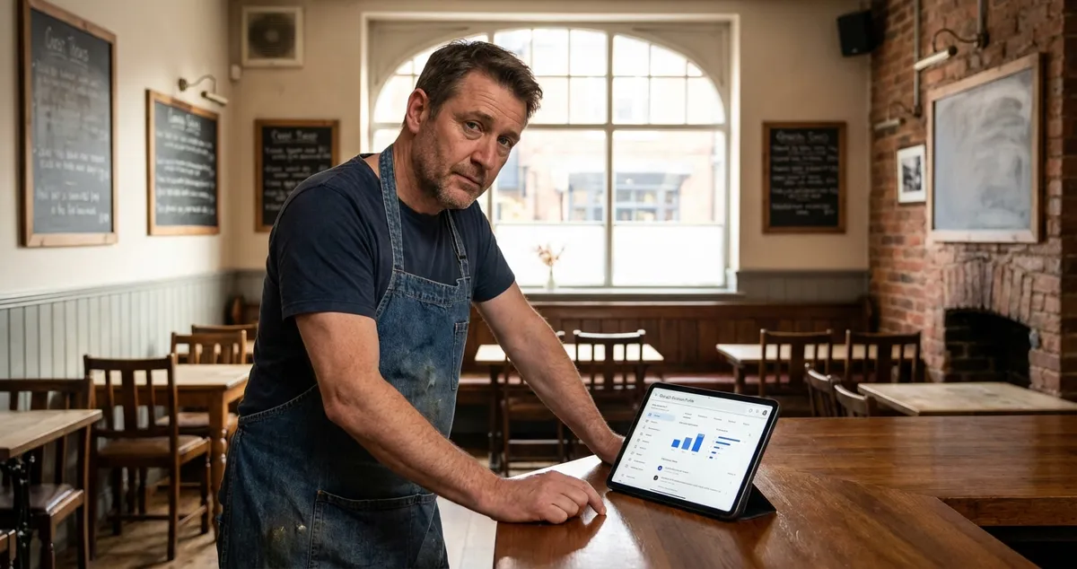 Restaurant owner implementing SEO tips on mobile phone