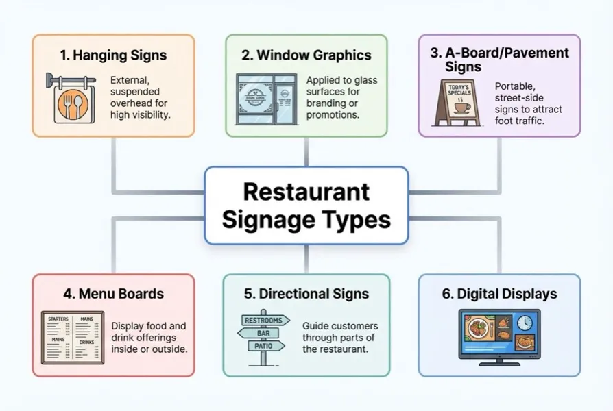 Diagram showing restaurant sign design best practices including font sizing, colour contrast ratios, and readability distances