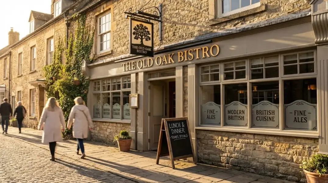 Collection of restaurant signage types on UK high street buildings including fascia signs and A-boards
