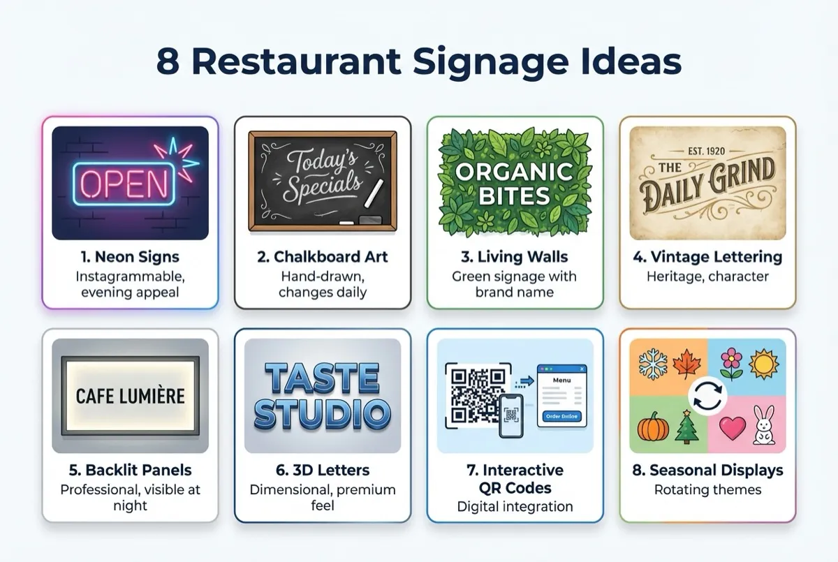 Diagram showing interior restaurant signage placement including menu boards, wayfinding signs and promotional displays