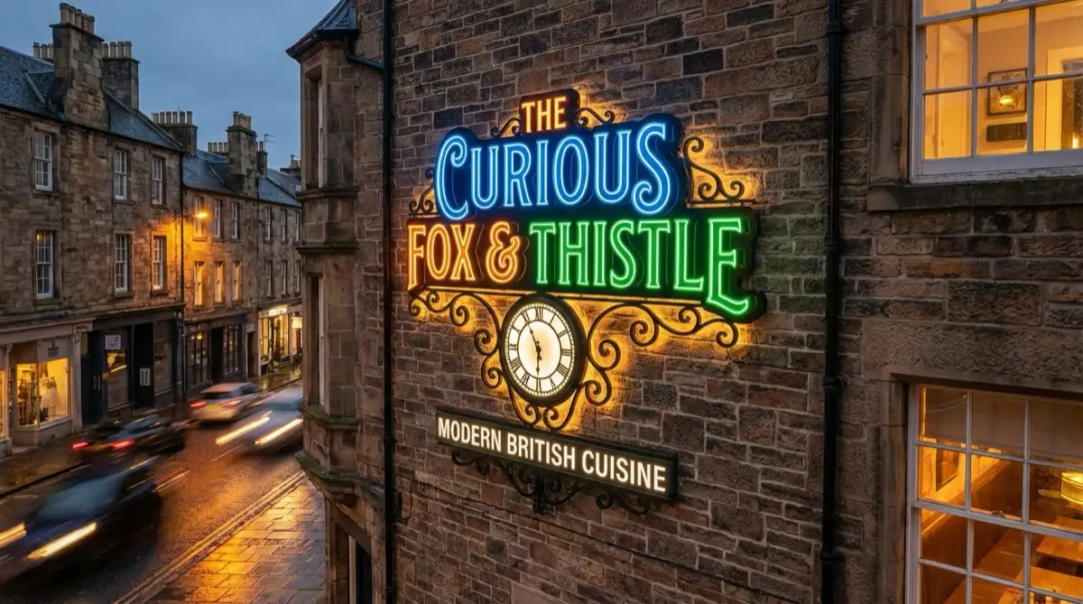 Collection of creative restaurant signage ideas including neon signs, chalkboard A-boards and digital menu displays