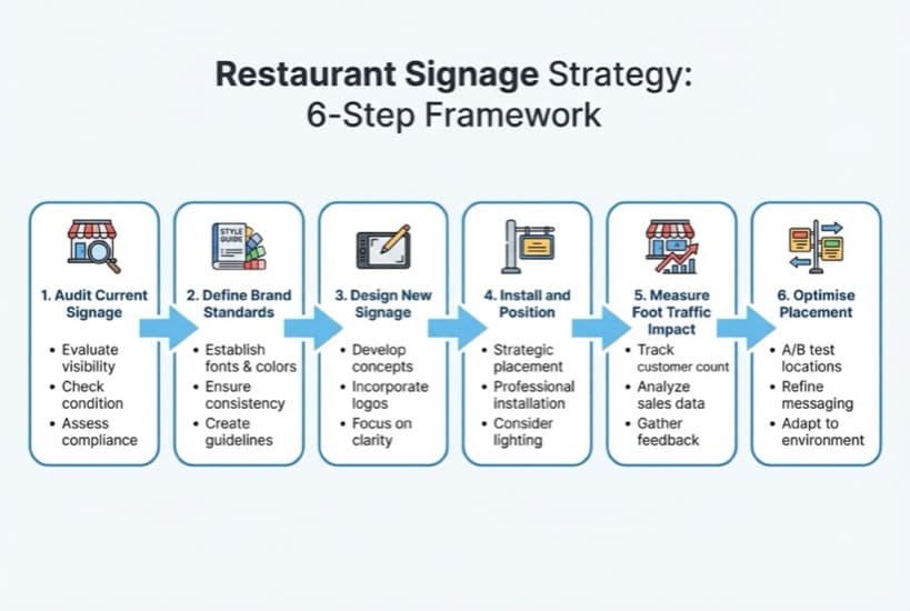 Diagram illustrating restaurant sign design principles including readability distances, colour contrast ratios, and lighting options