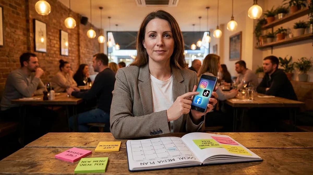 Restaurant social media content planning with phone and notebook