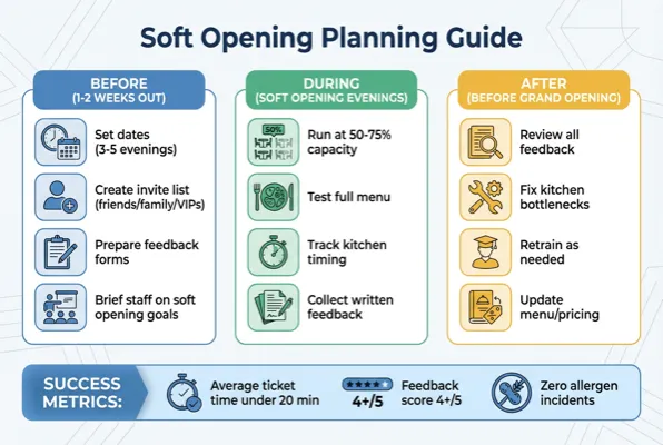 Soft opening planning timeline showing key milestones from two weeks before grand opening to launch day
