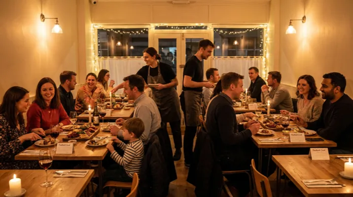 Warm restaurant interior during a soft opening event with invited guests dining and staff serving