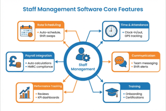 Diagram comparing core features of restaurant staff management software platforms