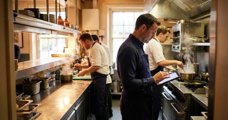 Restaurant manager reviewing staff schedules on a tablet in a busy UK kitchen
