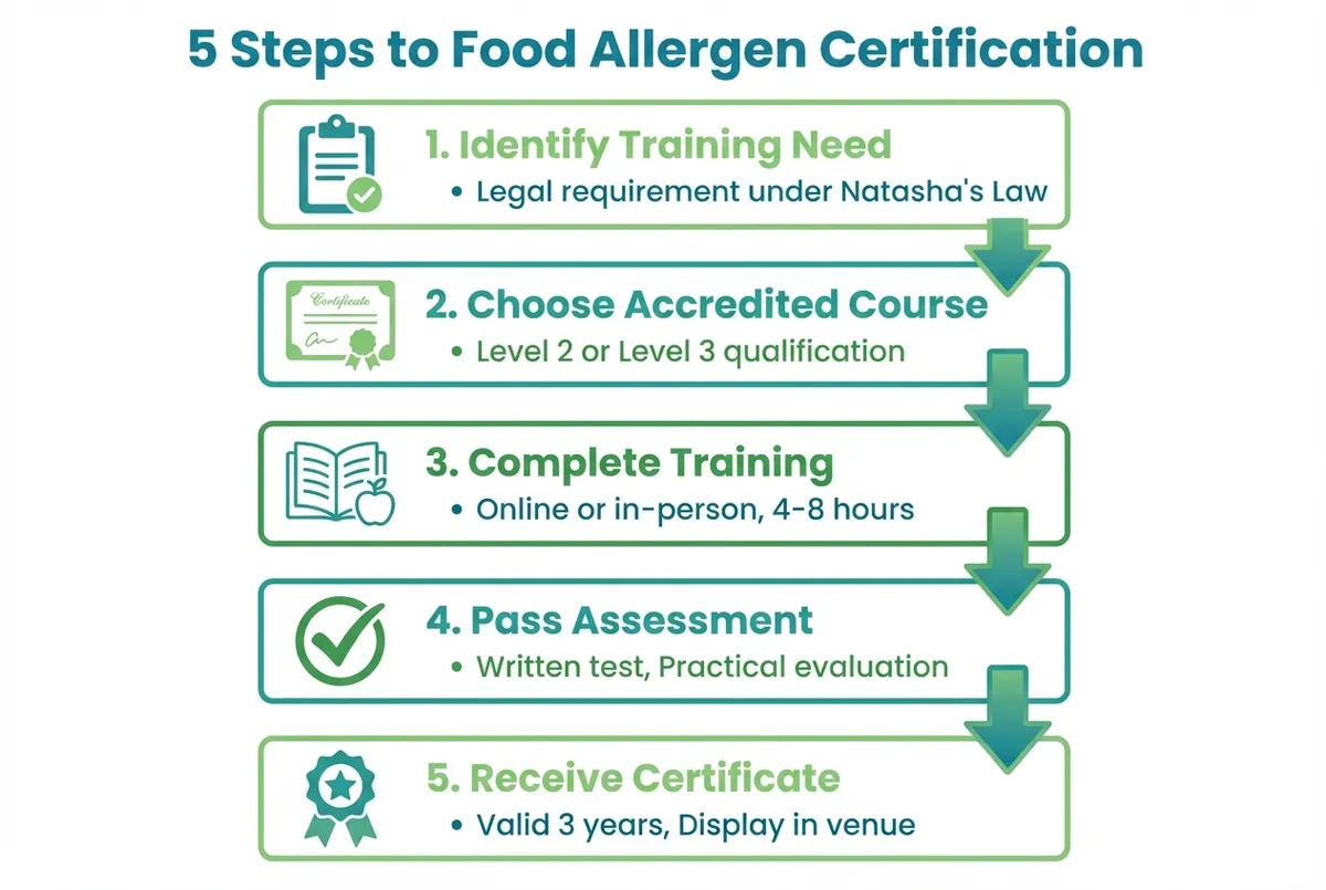 Diagram showing the five steps to get a food allergen certificate for restaurant staff