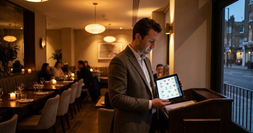 Restaurant manager viewing table layout and reservations on a tablet screen