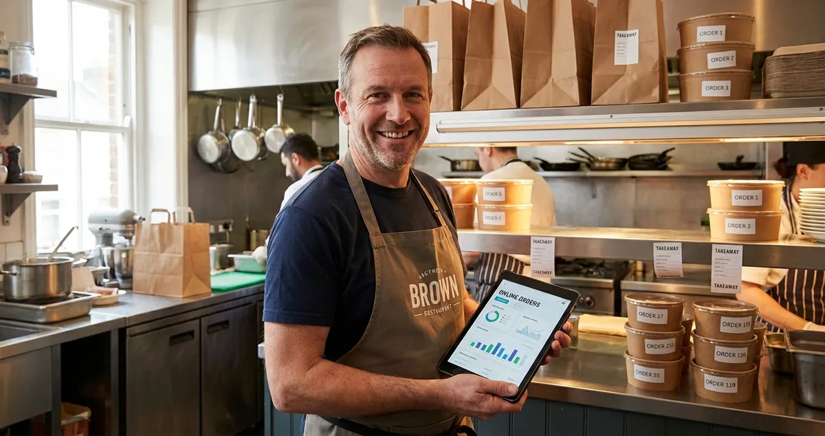 Restaurant owner managing takeaway orders on tablet in busy kitchen