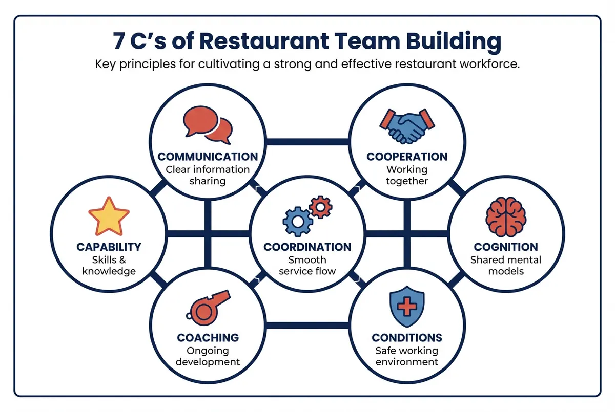 Diagram showing the 7 C's of restaurant team building: Capability, Cooperation, Coordination, Communication, Cognition, Coaching, Conditions