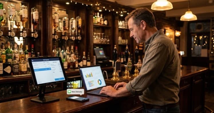 UK restaurant owner reviewing integrated technology systems on a tablet behind the bar