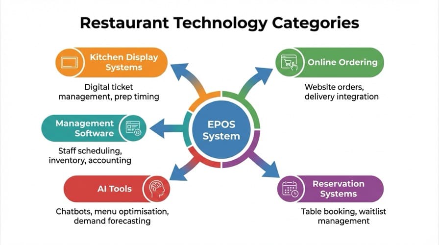 Diagram showing six restaurant technology categories and how they connect: EPOS at centre linking to kitchen display, online ordering, reservations, AI tools, and management software