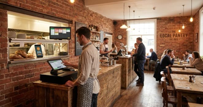 UK restaurant with tablet ordering and digital kitchen displays in everyday use