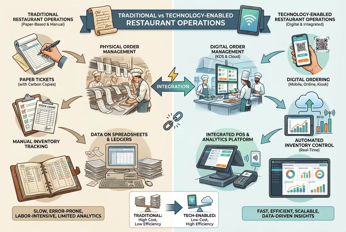 Comparison diagram showing traditional vs technology-enabled restaurant operations across ordering, kitchen, and payment processes