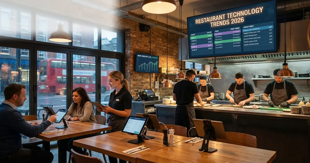 Restaurant kitchen with digital display screens and tablet ordering systems showing restaurant technology trends
