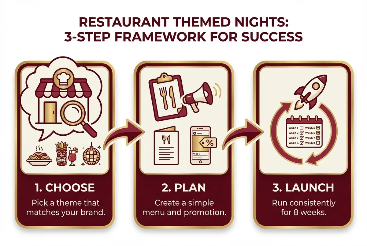 Framework diagram showing three steps for planning restaurant themed nights - choose theme, plan event, launch consistently