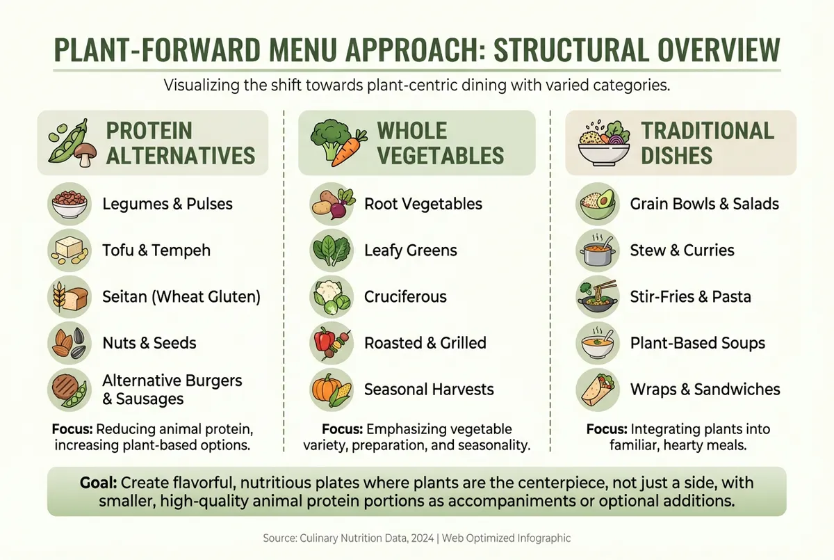 Diagram showing the plant-forward menu approach with categories for protein alternatives, whole vegetables, and traditional dishes