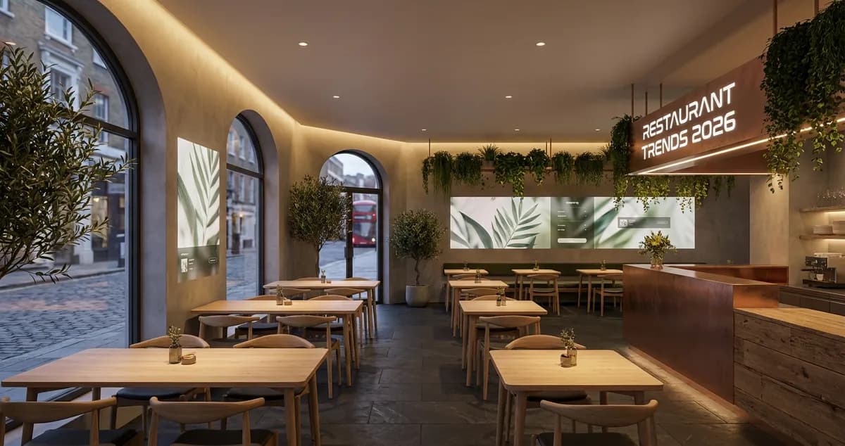 Modern UK restaurant interior showing technology integration and contemporary design elements